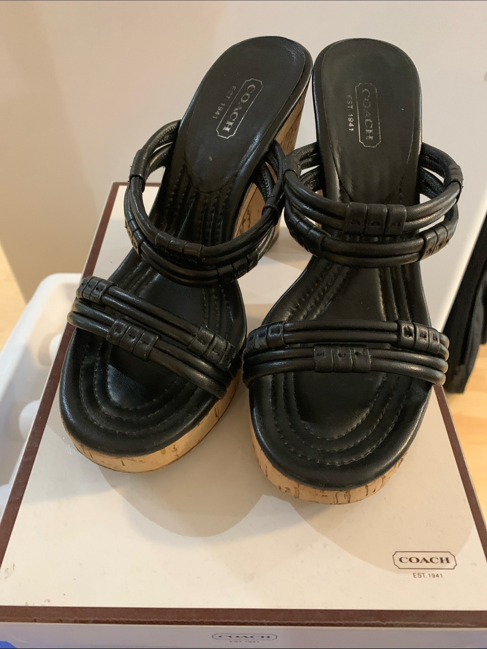 Coach Black Leather Cork Platform Wedge Sandals